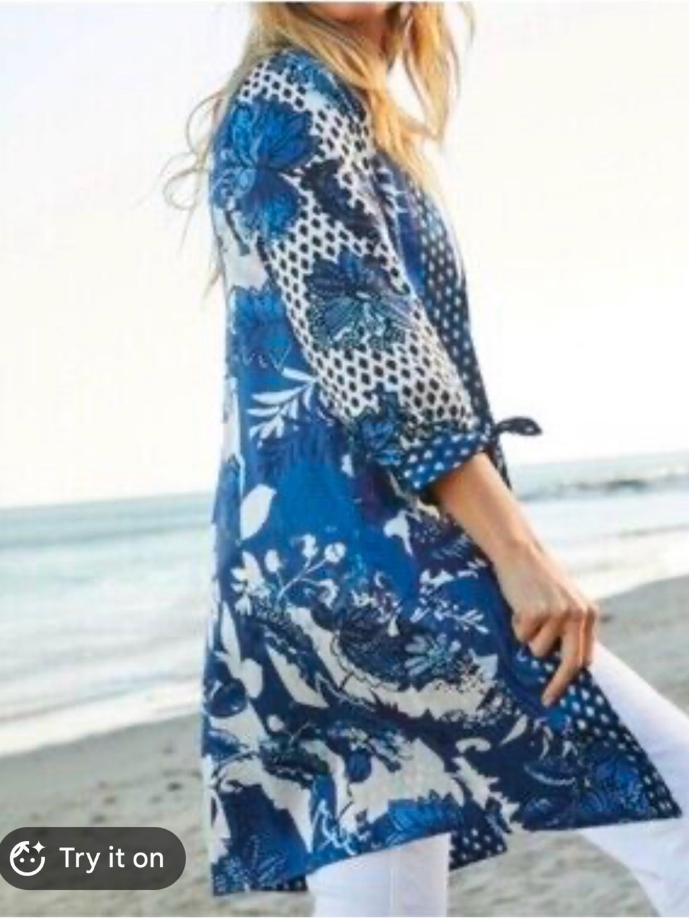 Chico's Navy and White Diamond-Print daydream kimono long jacket